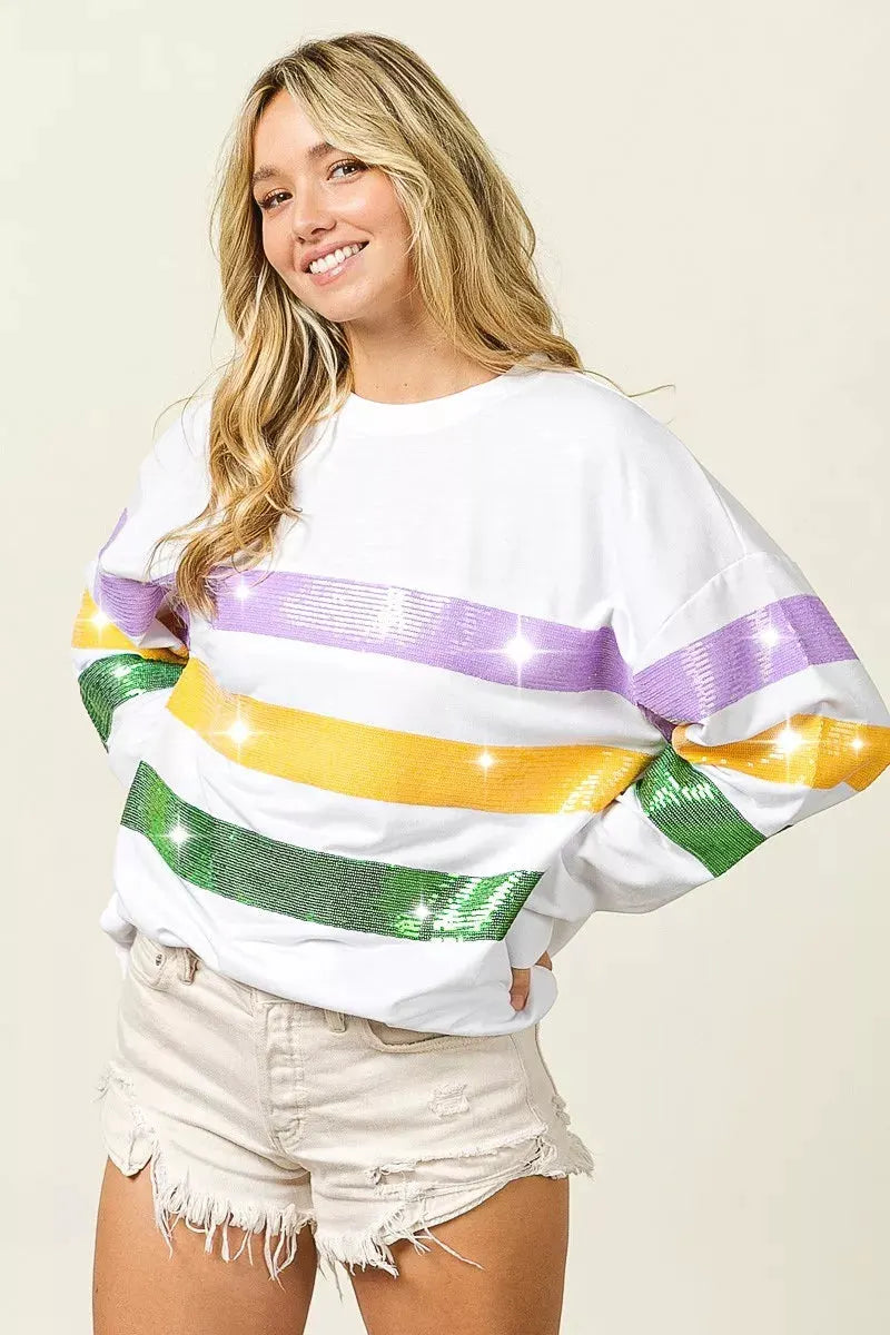 BiBi Sequin Mardi Gras Striped Round Neck Sweatshirt by BiBi