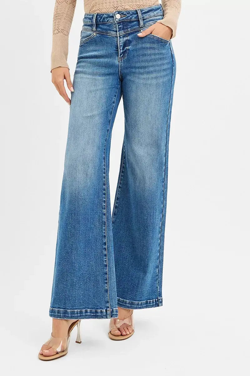 RISEN High Rise Wide Leg Jenas with Front Yoke and Heart Back Pocket by RISEN