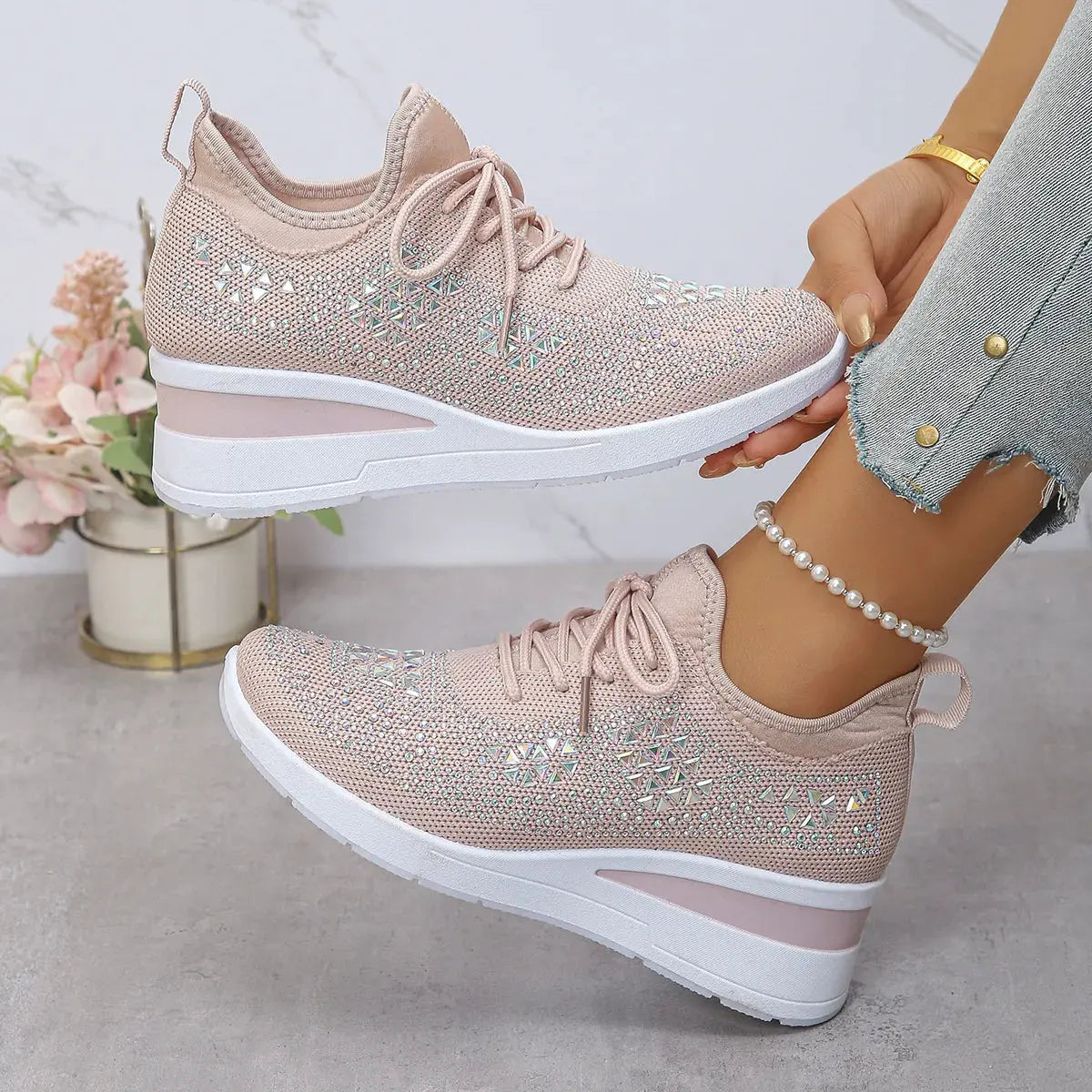 Breathable Mesh Rhinestone Wedge Athletic Sneakers by Partner Label