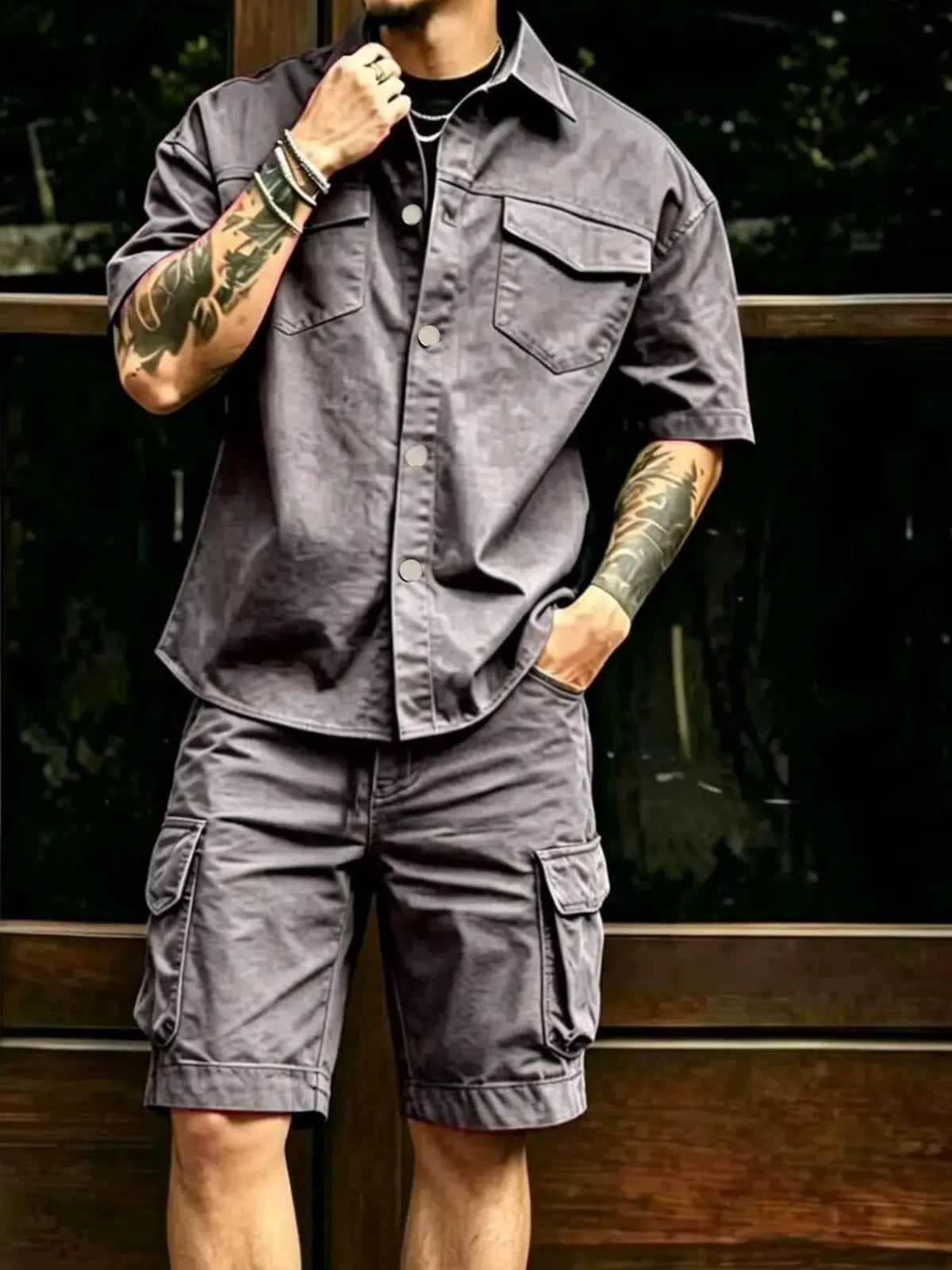 Men's Full Size Cargo Shirt and Shorts Set Plus Size by Trendsi