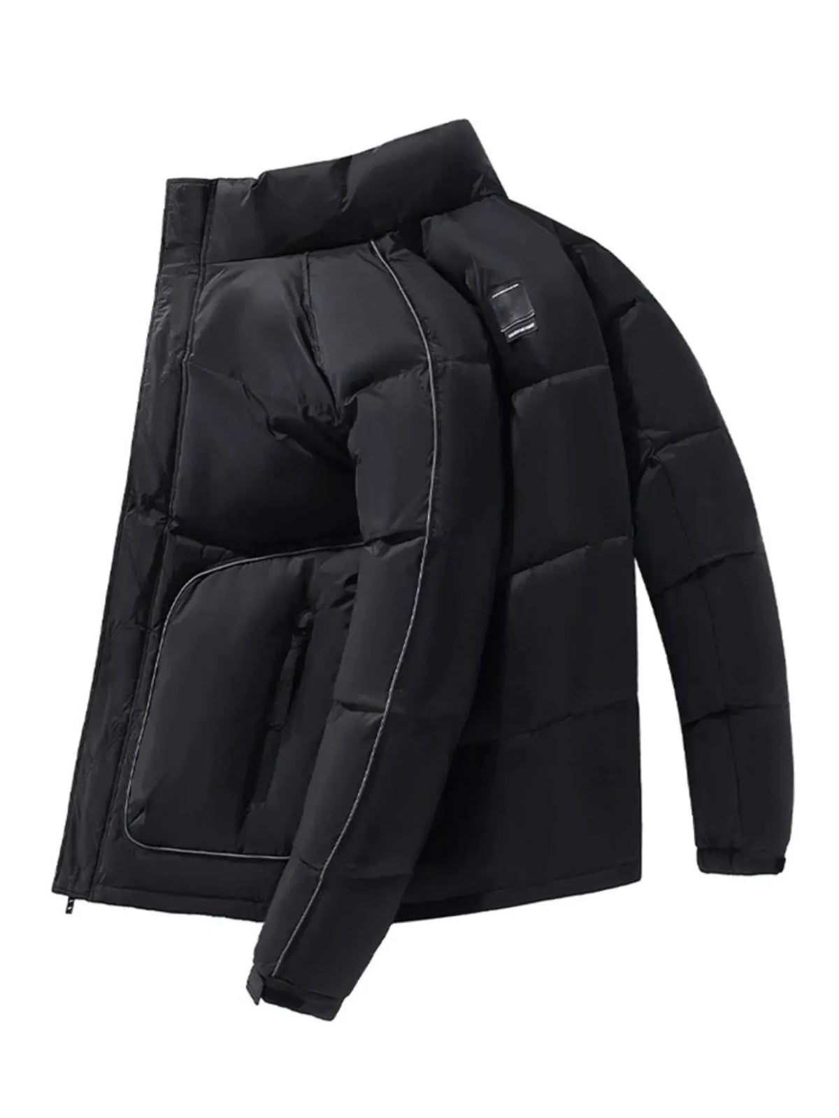 Men's Plus Size Stand Collar Puffer Jacket with Side Zipper Pockets by Partner Label