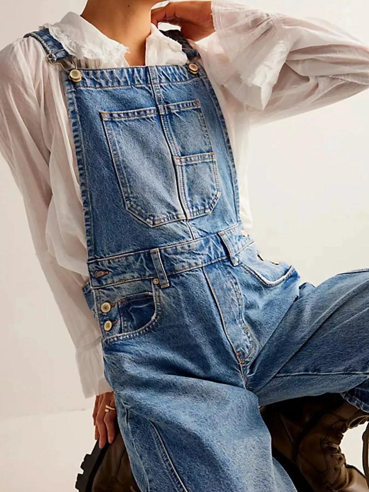 Wide Strap Wide Leg Denim Overalls by Partner Labels
