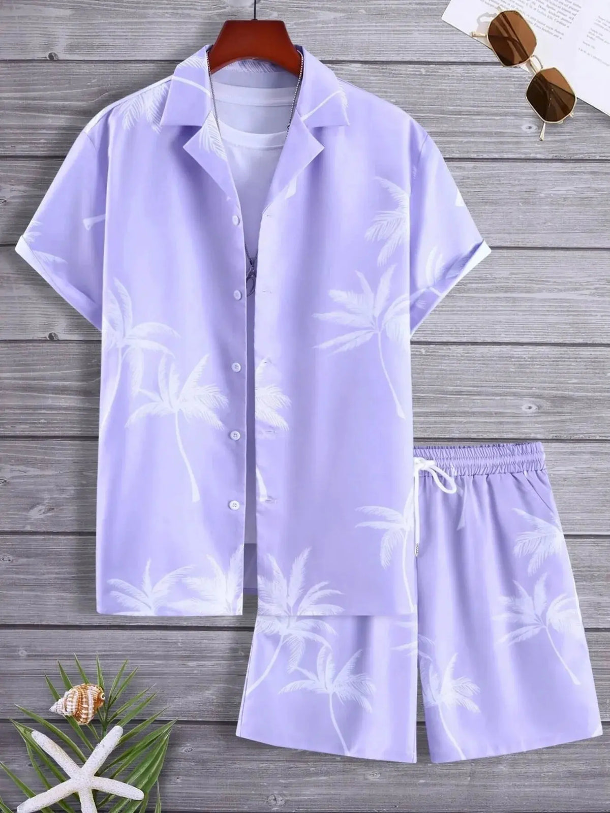 Men's Full Size Palm Print Button Up Shirt and Shorts Set Plus Size by Trendsi