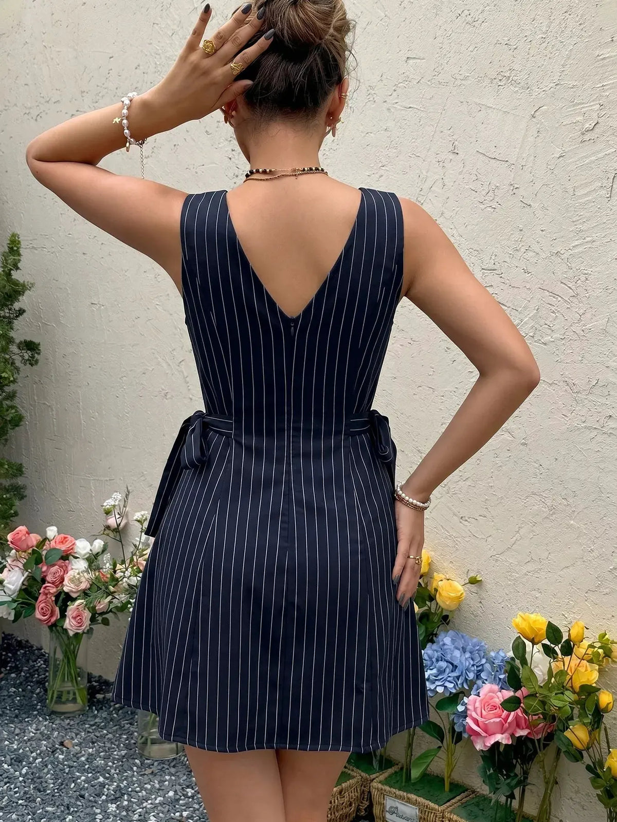 Striped Sleeveless Tie Waist Dress by Partner Label