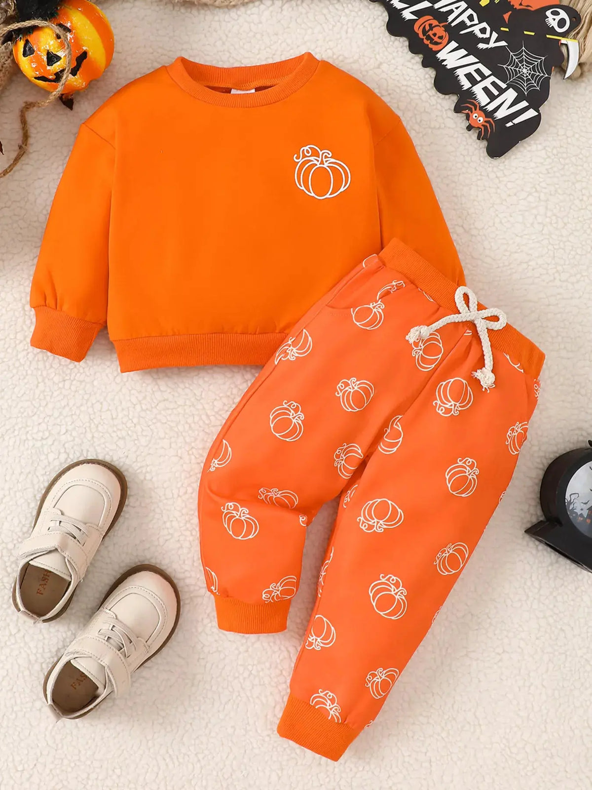 Children's Halloween Pumpkin Print Long Sleeve Sweatshirt and Pants Set by Trendsi