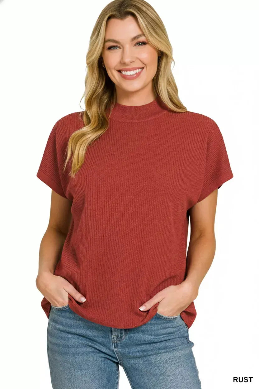 Zenana Viscose Mock Neck Short Sleeve Boxy Sweater by Zenana