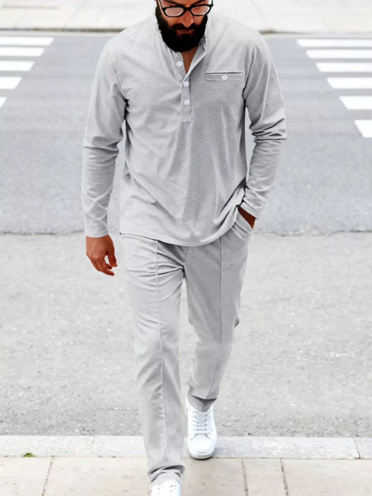 Men's Full Size Casual Long Sleeve Henley Top and Drawstring Joggers Set Plus Size by Trendsi
