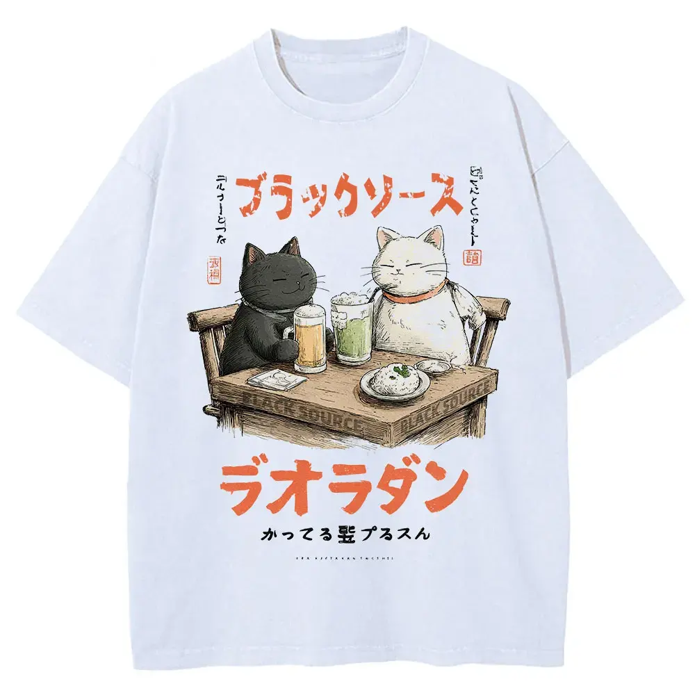 Funny Drinking Cat Japanese Harajuku Streetwear T-Shirt Cotton Unisex by Vimost Shop