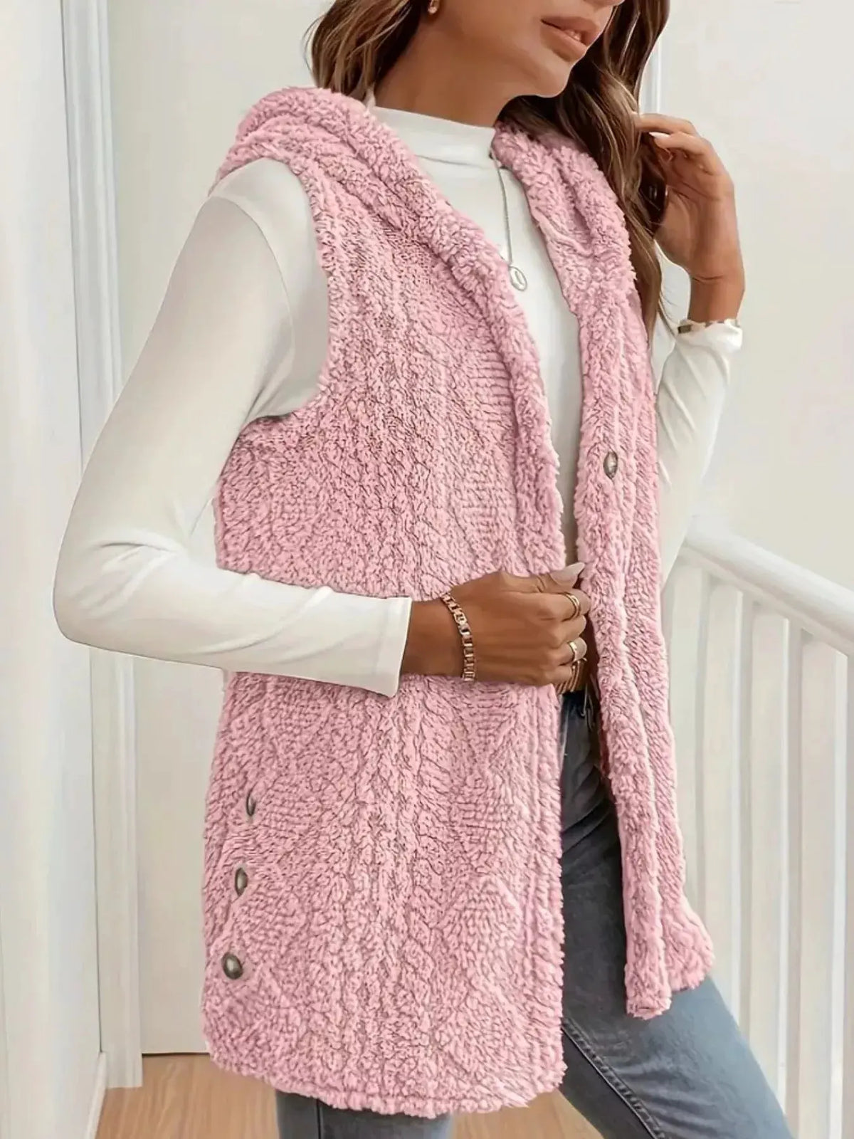 Button‑Down Sherpa Hooded Vest Coat | Partner Labels Selection by Partner Label