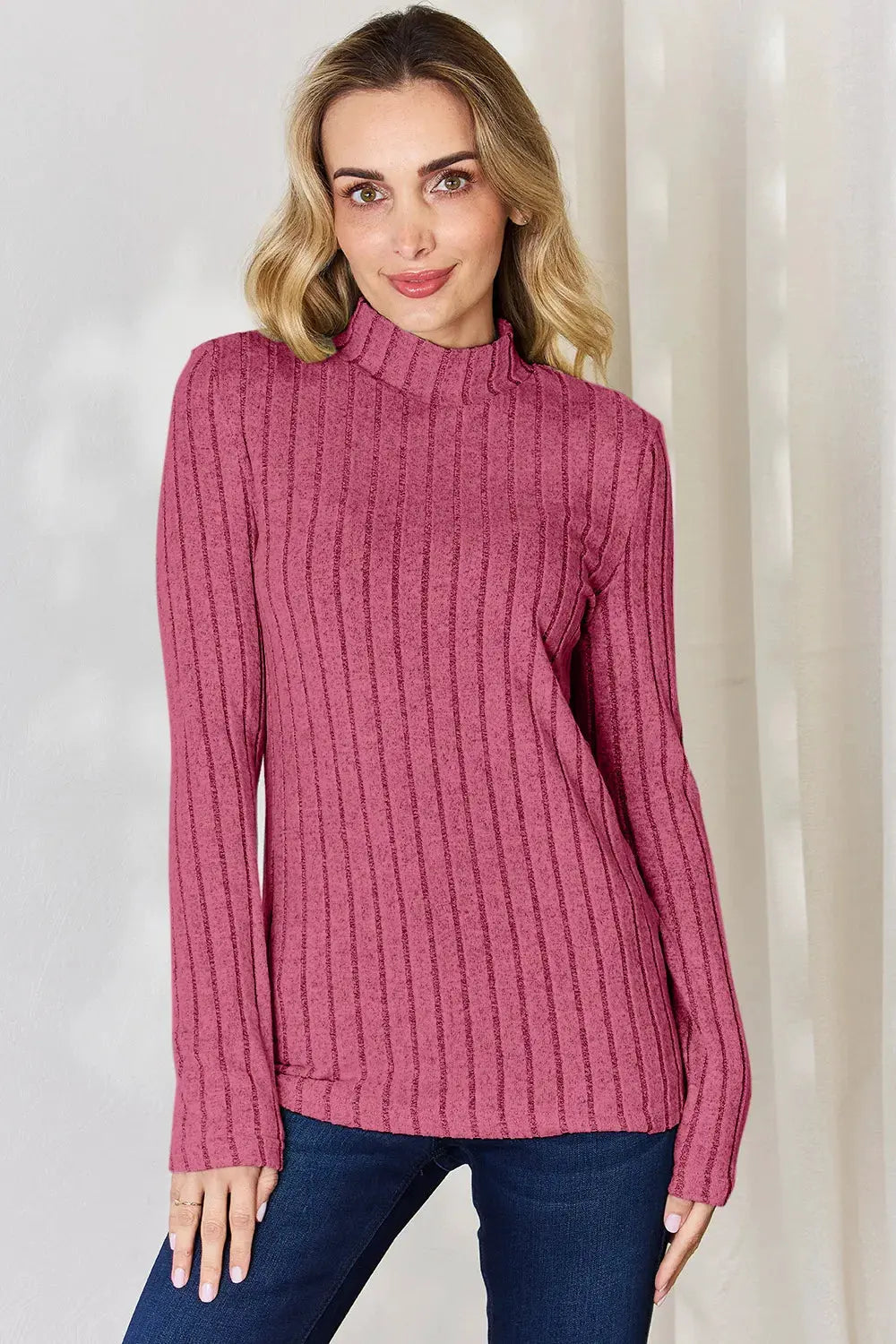 Basic Bae Full Size Ribbed Mock Neck Long Sleeve T-Shirt by Basic Bae