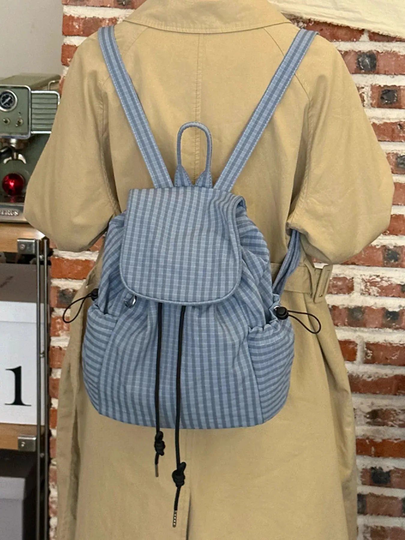 Plaid Drawstring Closure Backpack Bag by Partner Label