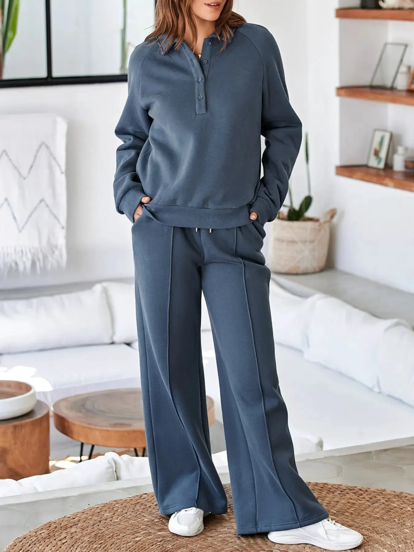 Collared Sweatshirt and High Waist Pants Active Set by Partner Label