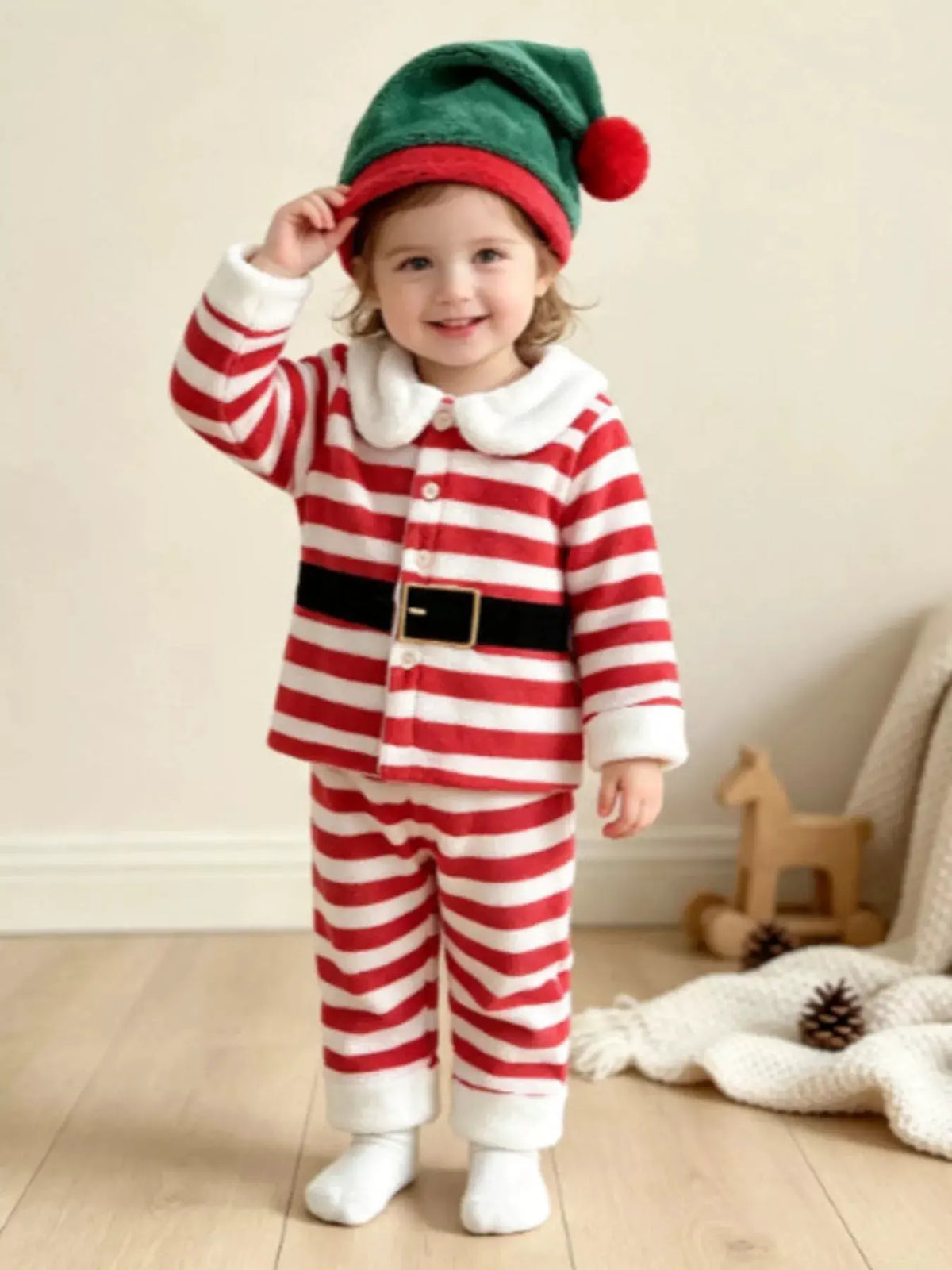 Children's Christmas Striped Pajama Set with Matching Hat by Trendsi