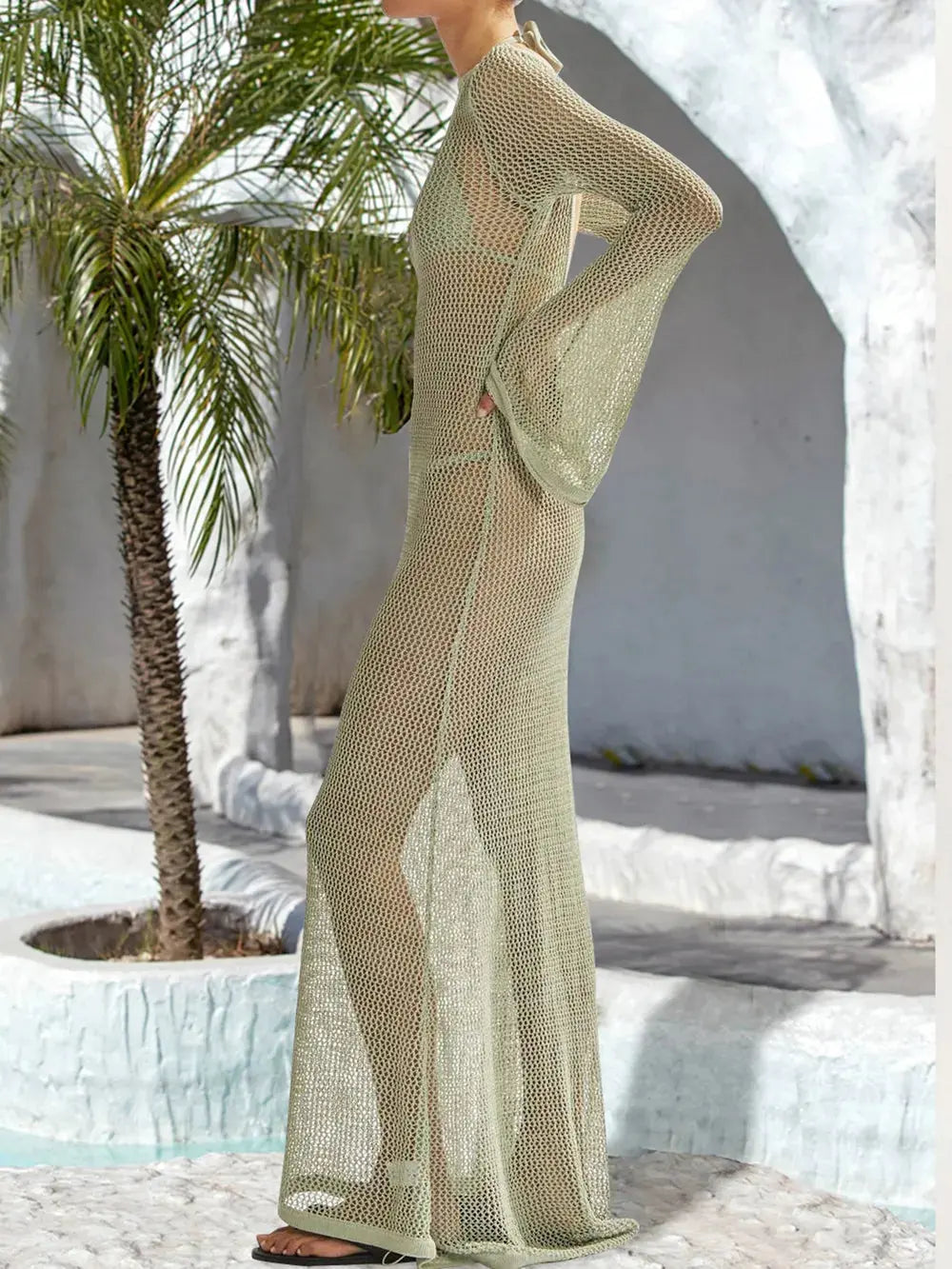 Openwork Backless Flare Sleeve Cover-Up Dress by Partner Label