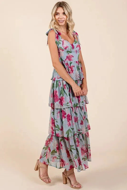 Mittoshop Layered Floral Sweetheart Neck Maxi Dress by Mittoshop