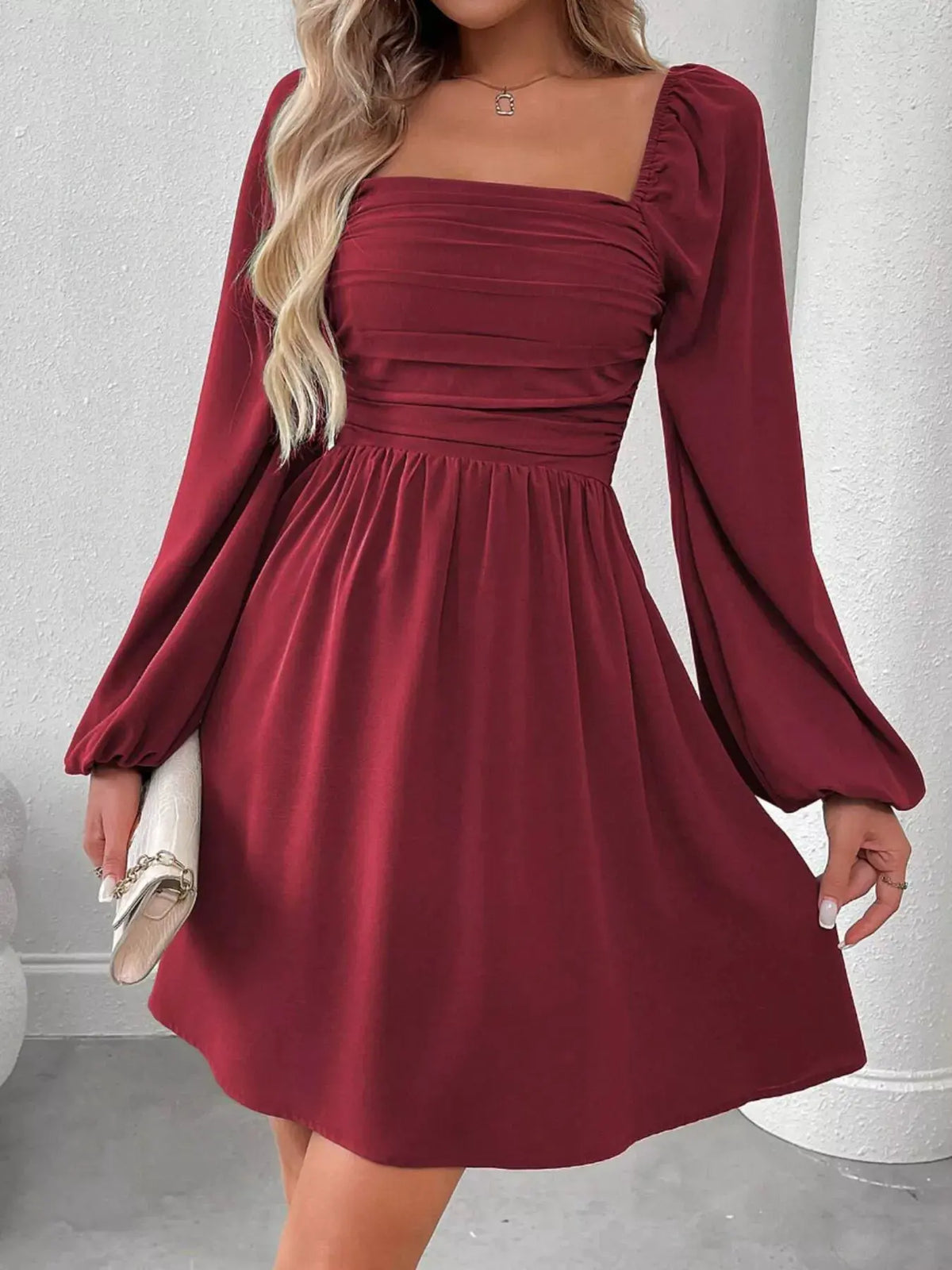 Ruched Square Neck Long Sleeve A-Line Dress by Partner Label