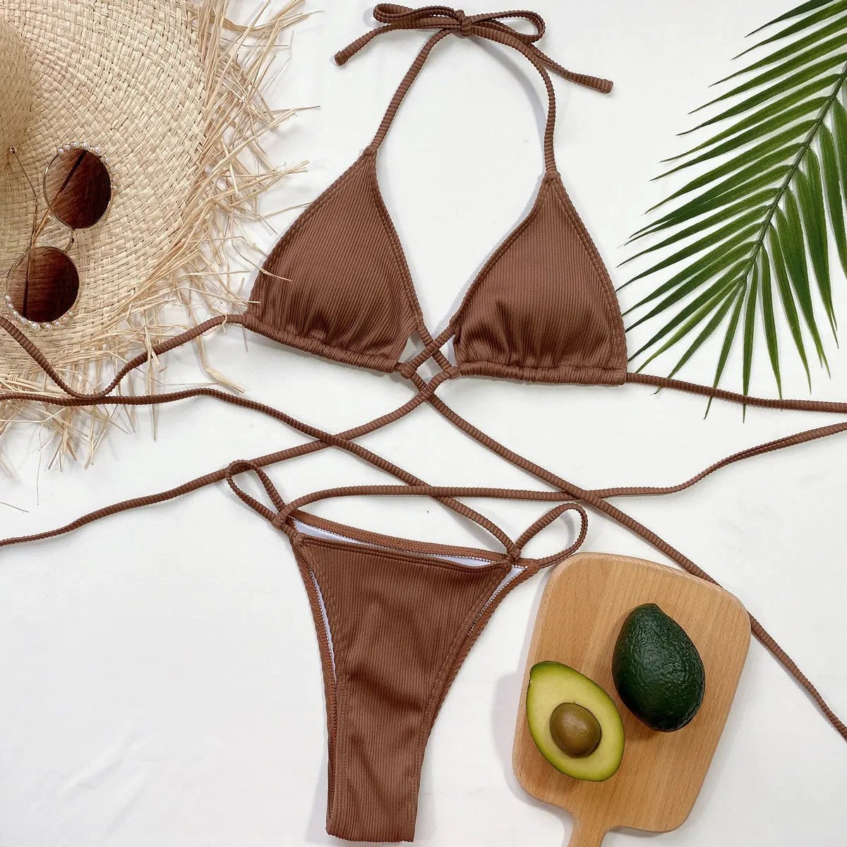 Halter Neck Crisscross Ribbed Bikini Set by Partner Label