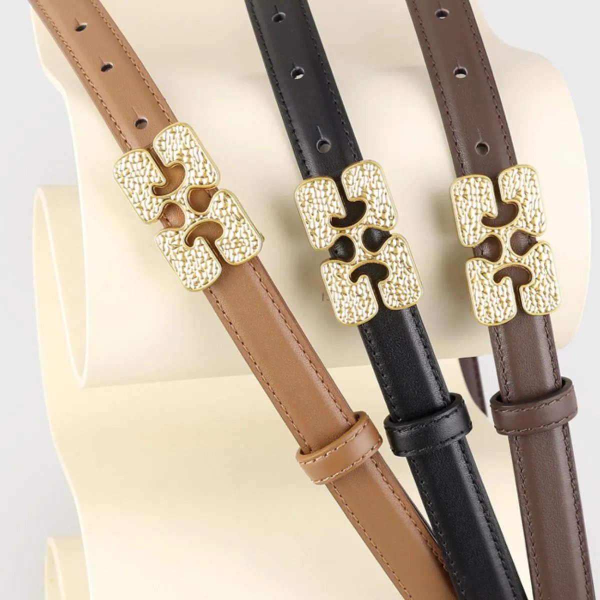 Gold Buckle Leather Belt by Trendsi