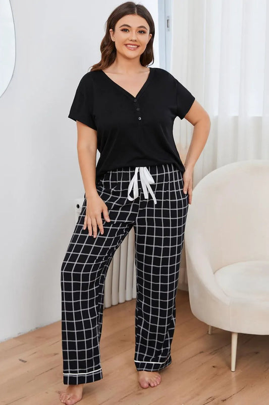 Plus Size V-Neck Top and Plaid Pants Lounge Set by Partner Label