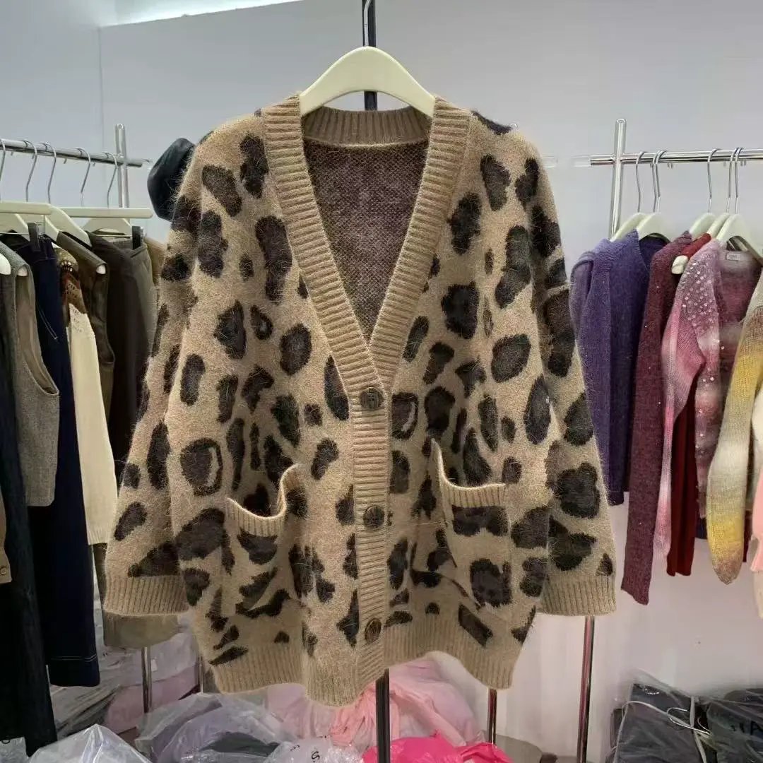 Leopard Print Thick Warm Coat Loose Lazy Knitted Cardigan Sweater by Maiden-Art