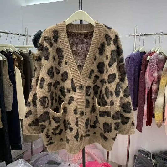 Leopard Print Thick Warm Coat Loose Lazy Knitted Cardigan Sweater by Maiden-Art