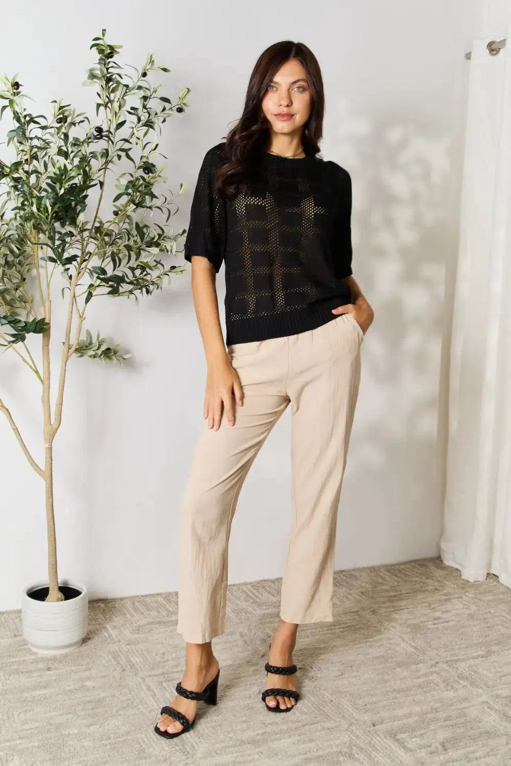 Mandy Ribbed Trim Round Neck Knit Top by Mandy