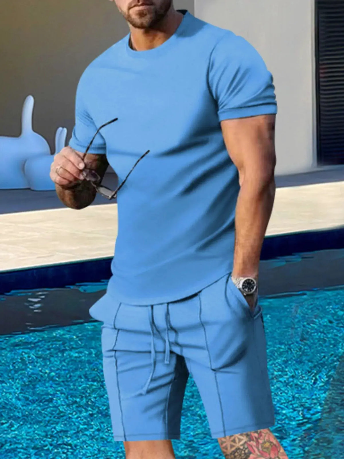 Men's Plus Size Round Neck Short Sleeve Top and Shorts Set by Trendsi