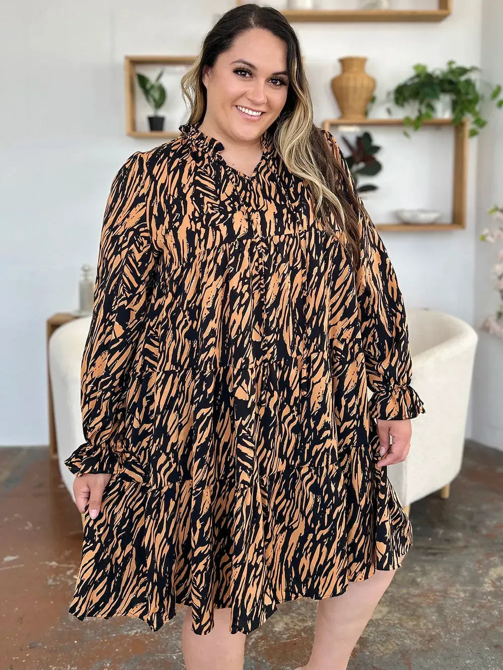 Double Take Full Size Printed Ruffle Hem Long Sleeve Dress by Double Take