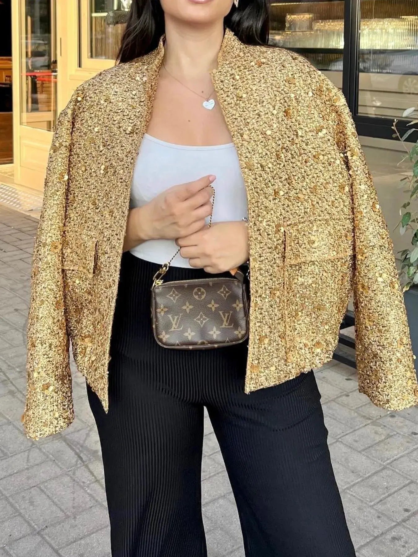 Sequin Long Sleeve Jacket with Pockets by Partner Label