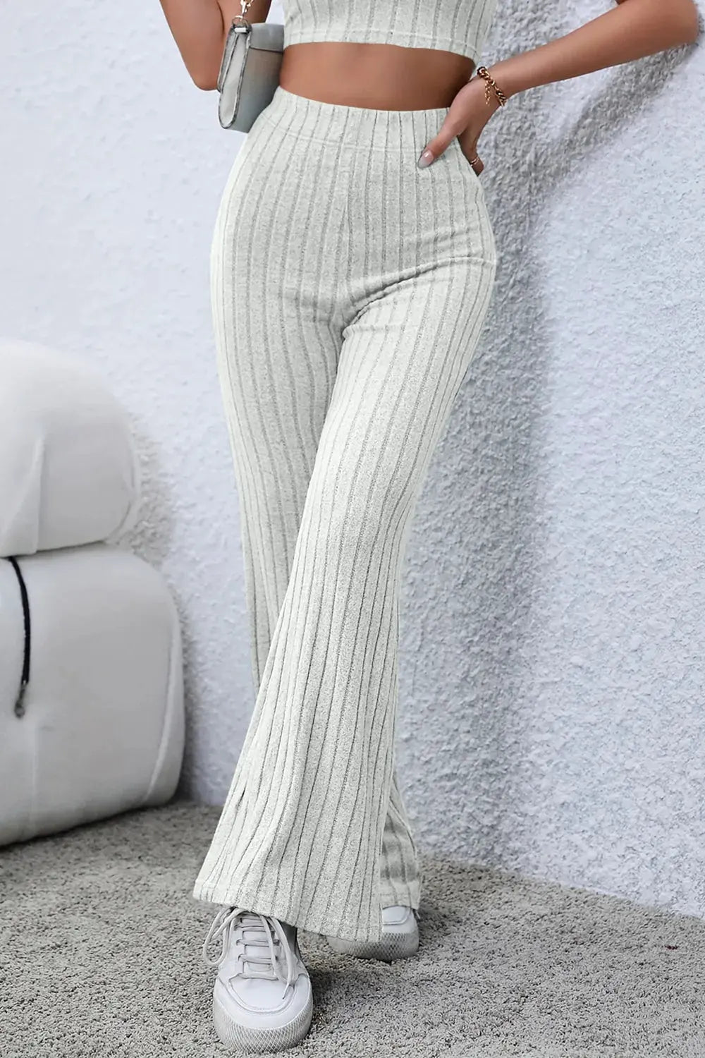 Basic Bae Full Size Ribbed High Waist Flare Pants by Partner Label