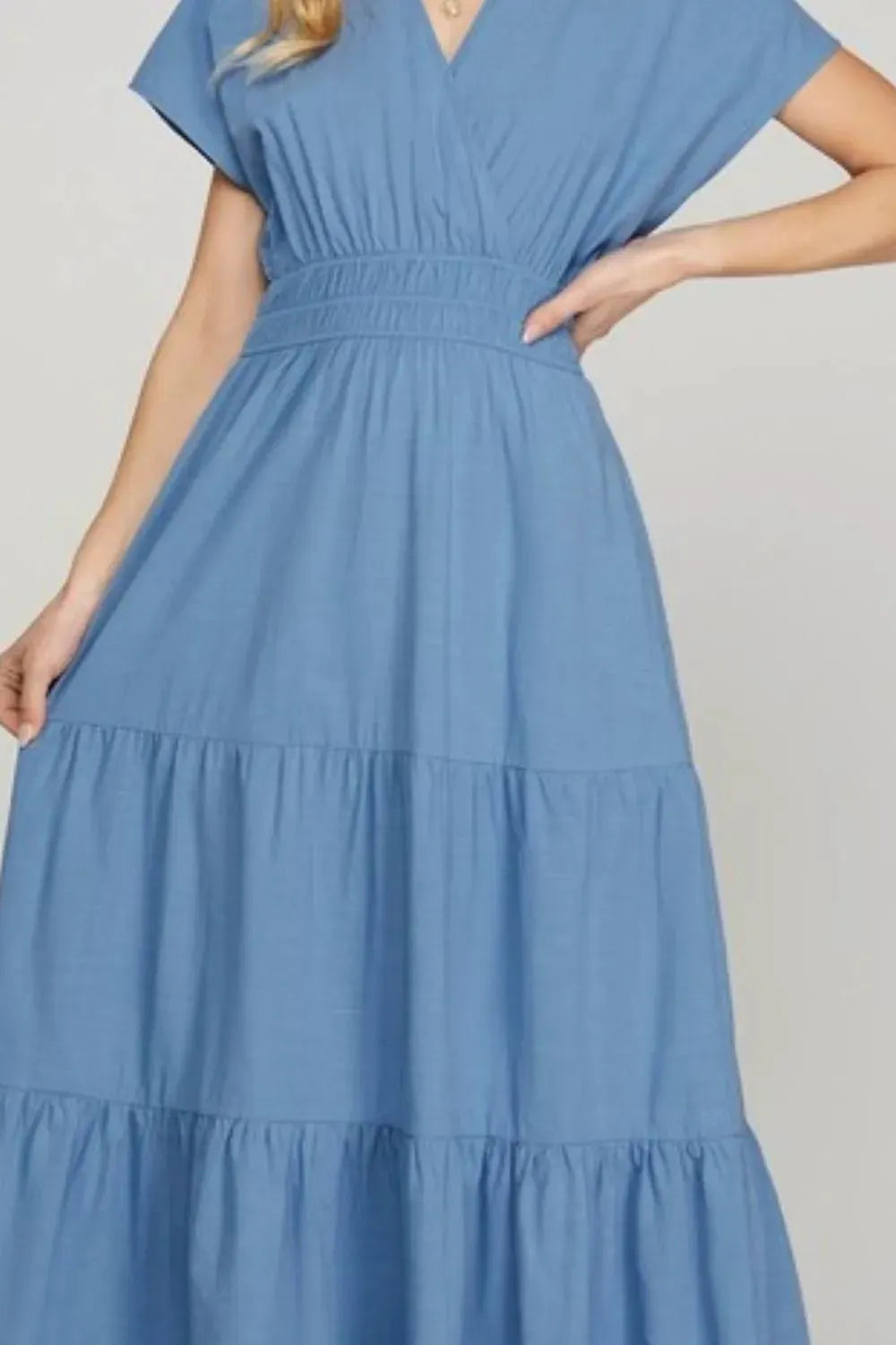 She + Sky Surplice Short Sleeve Tiered Maxi Dress With Pockets by She + Sky