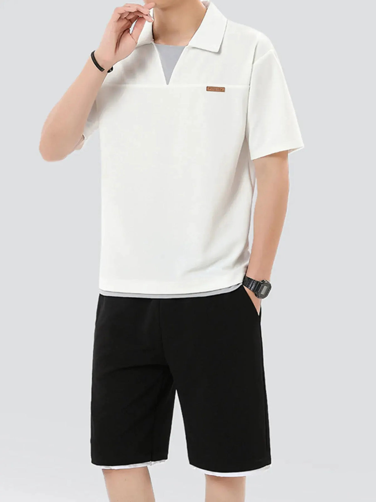 Men's Plus Size Johnny Collar Top and Shorts Set by Trendsi