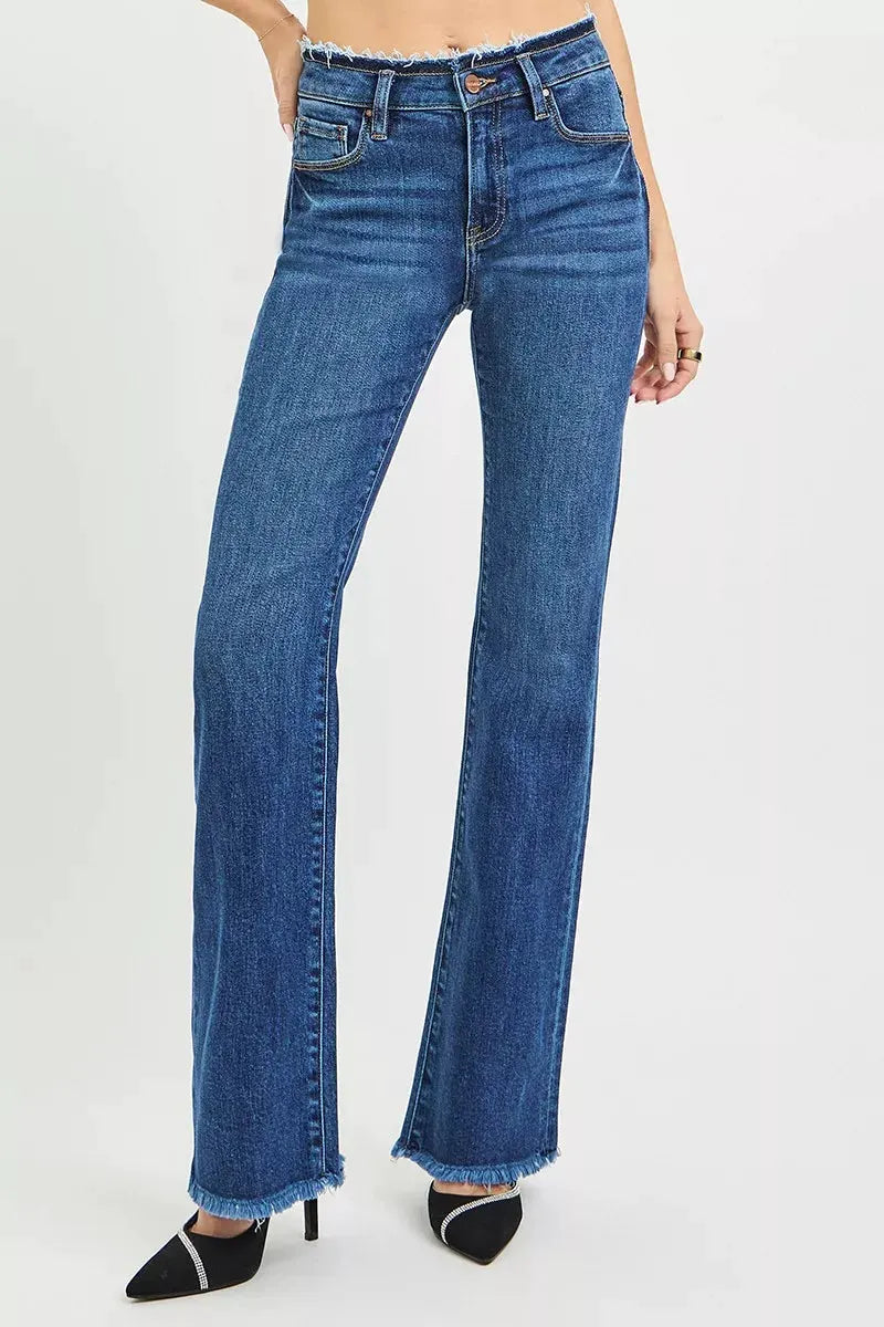 RISEN Full Size Mid Rise Bootcut Frayed Waistband Hem Detail Jeans Plus Size by RISEN