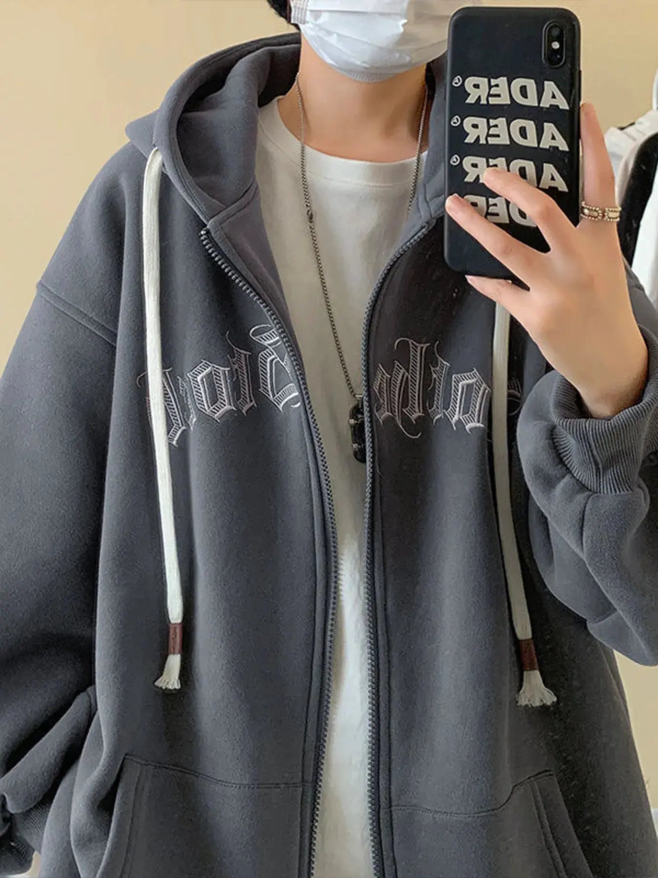 Men's Plus Size Letter Zip Up Drawstring Hoodie by Trendsi