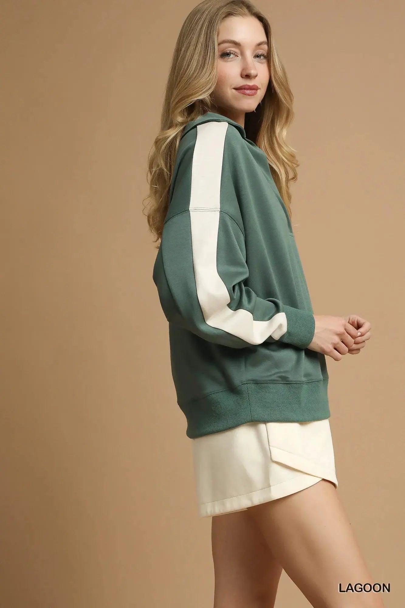 Umgee Contrast Long Sleeve Sweatshirt with Collar by Umgee