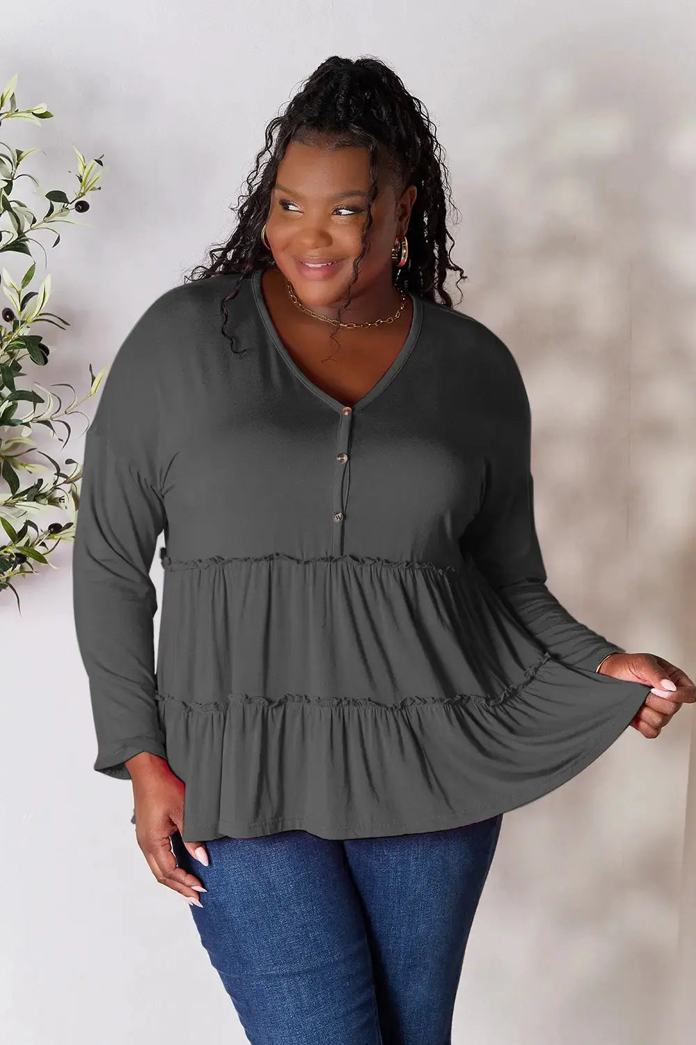 Double Take Half Button Long Sleeve Ruffle Hem Blouse by Double Take