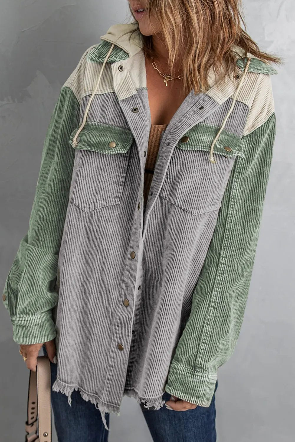 Snap Front Hooded Corduroy Shacket by Partner Label