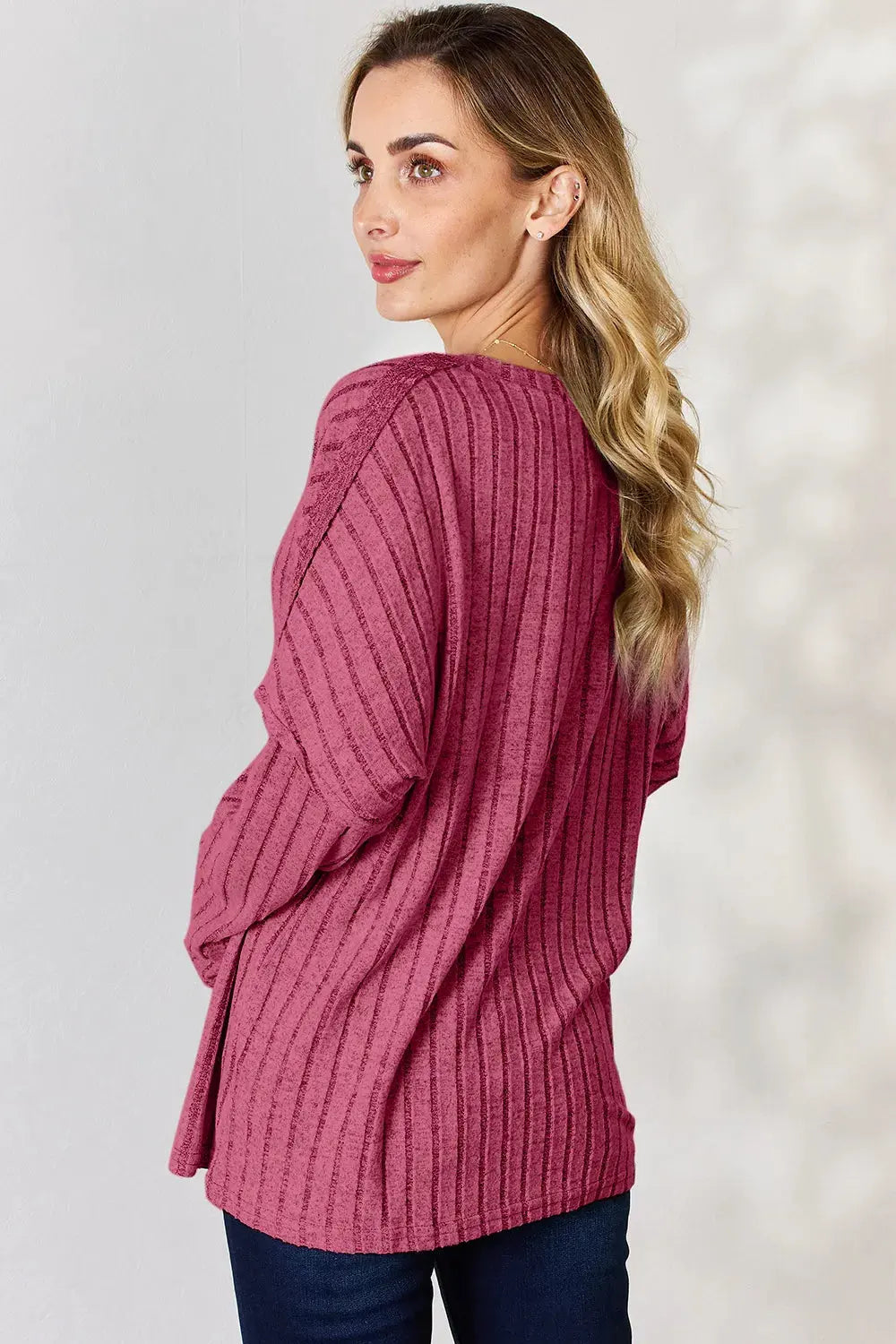 Basic Bae Full Size Ribbed Half Button Long Sleeve T‑Shirt | Partner Labels Selection by Partner Label