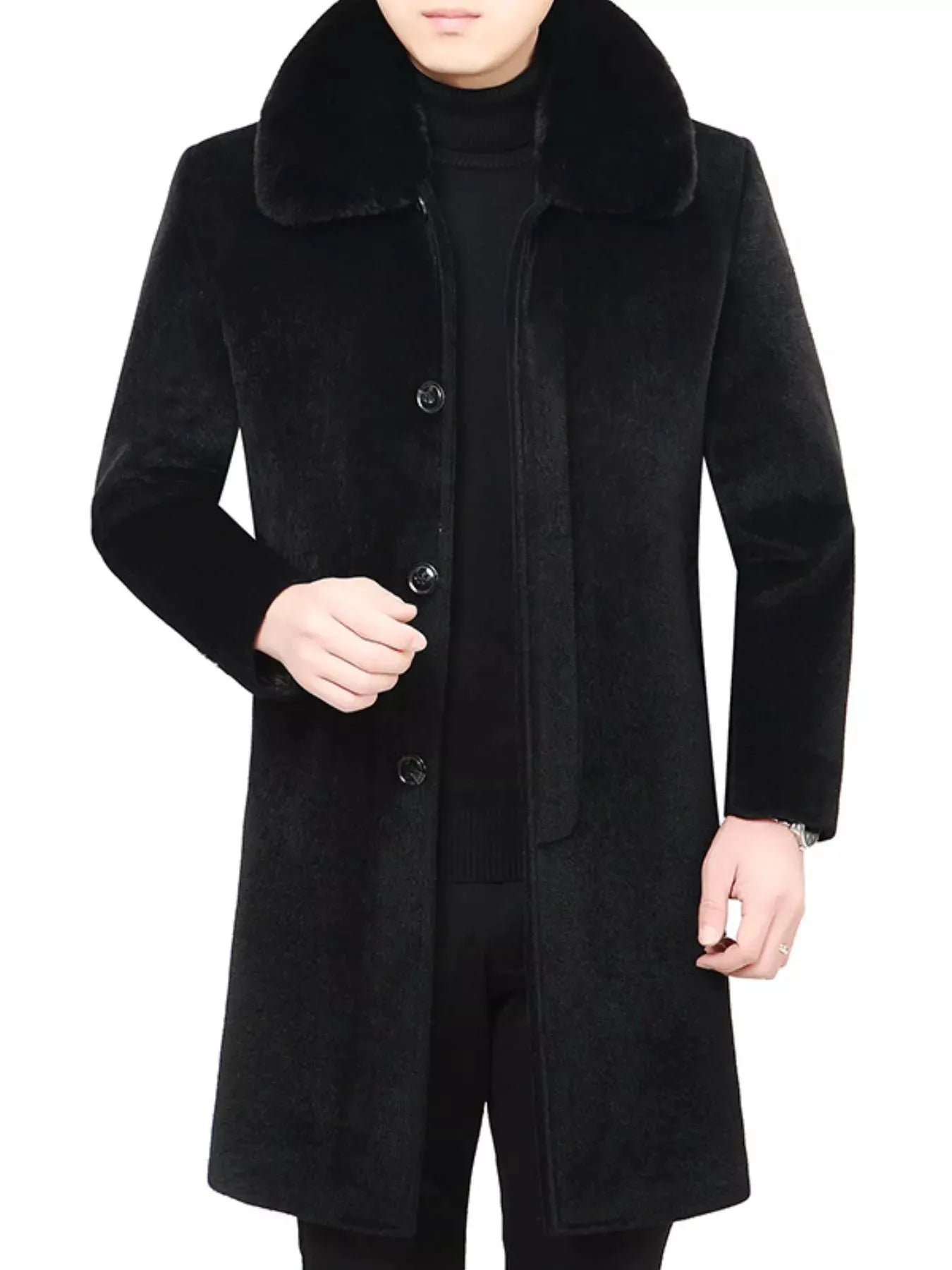 Men's Fur Collar Button Up Overcoat by Partner Label