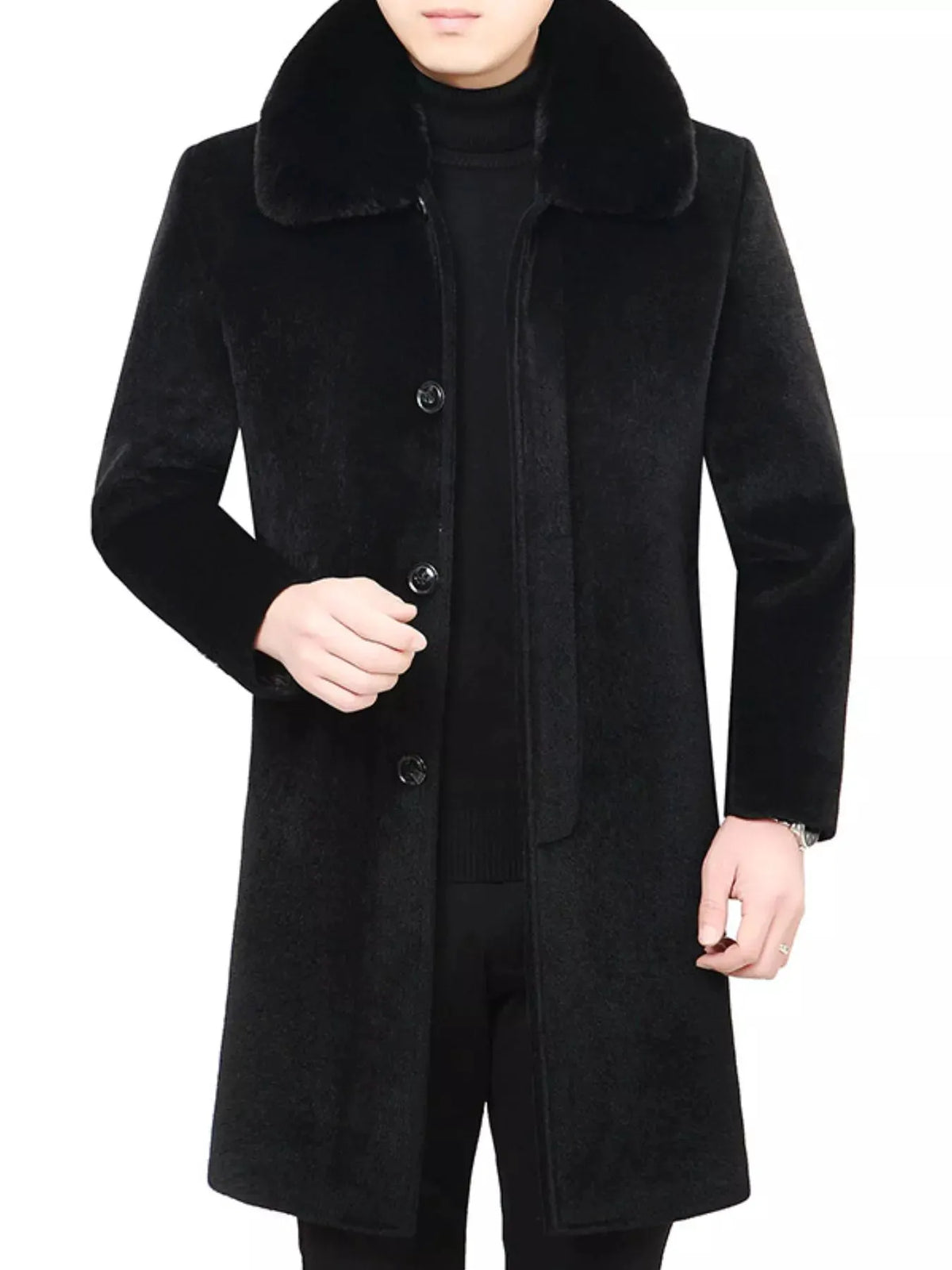 Men's Fur Collar Button Up Overcoat by Partner Label