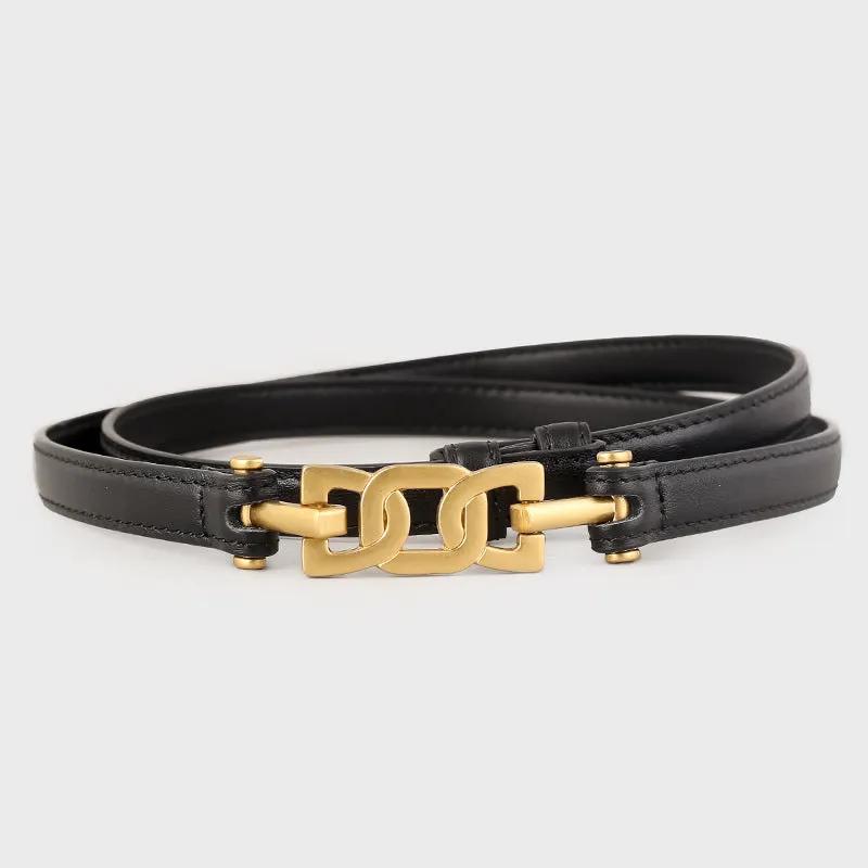 Gold Buckle Skinny Leather Belt by Trendsi