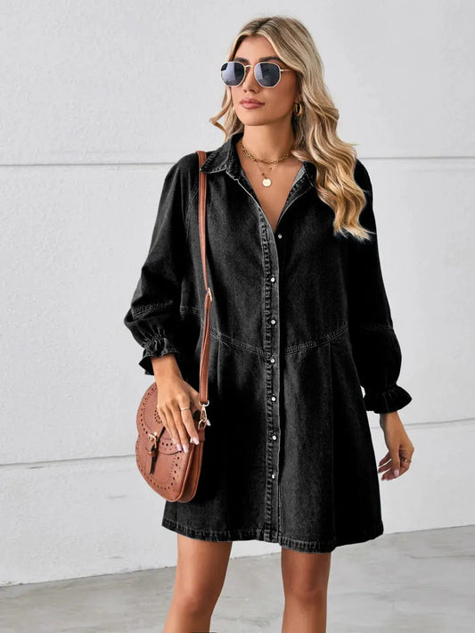 Button Up Flounce Sleeve Mini Denim Dress by Partner Label