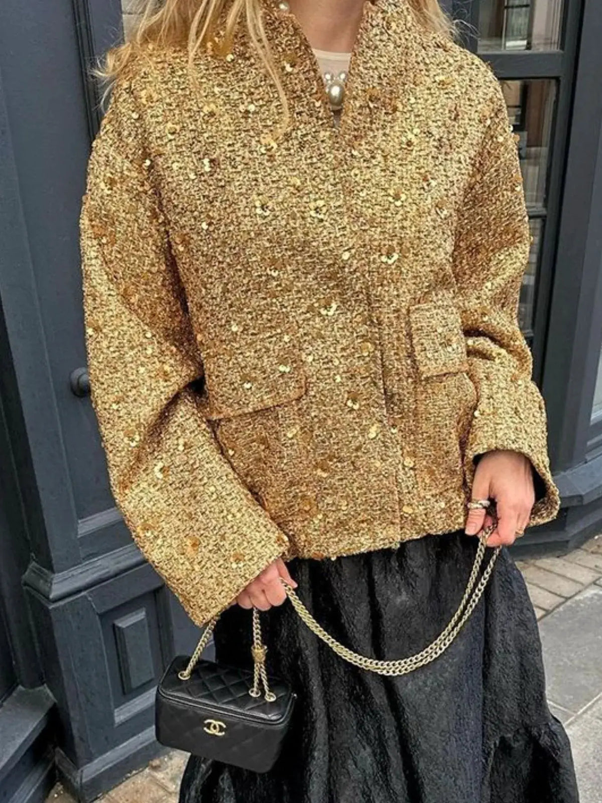 Sequin Long Sleeve Jacket with Pockets by Partner Label