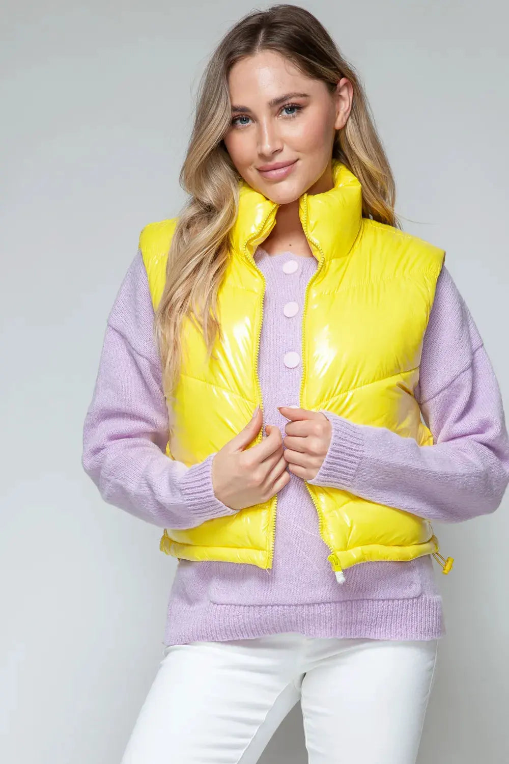 Snobbish Zip Up Turtleneck Shiny Quilted Vest by Snobbish