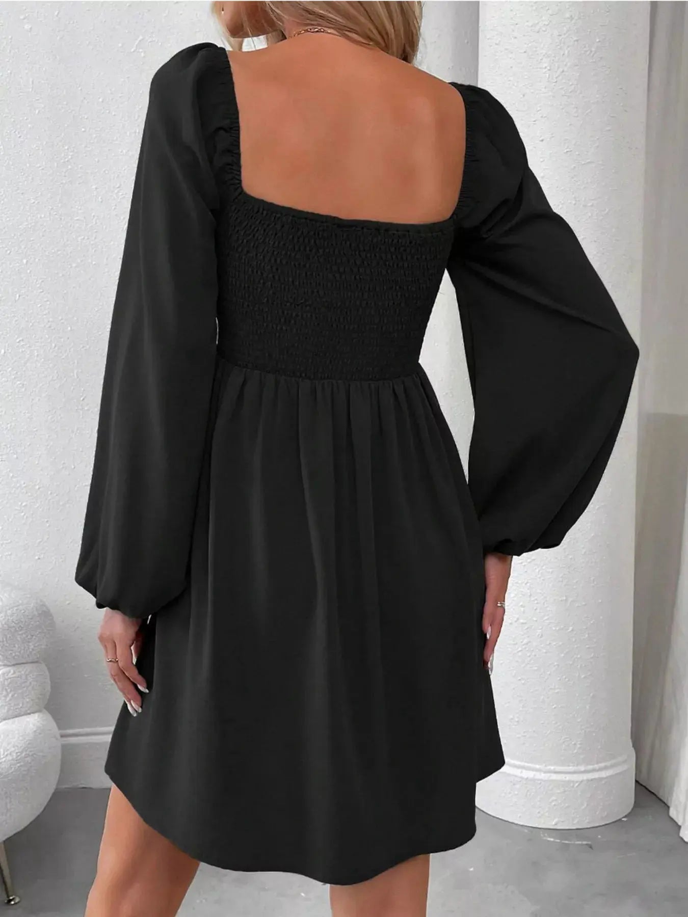 Ruched Square Neck Long Sleeve A-Line Dress by Partner Label