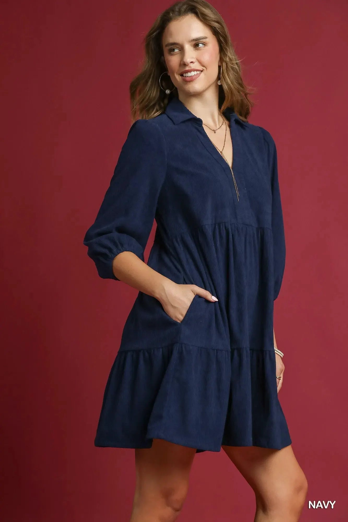 Umgee Tiered Corduroy Mini Dress with Balloon Sleeves by Umgee
