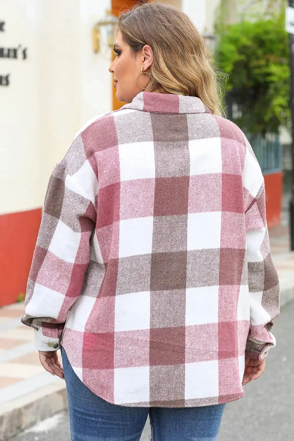 Plus Size Plaid Button Up Collared Neck Jacket by Partner Label