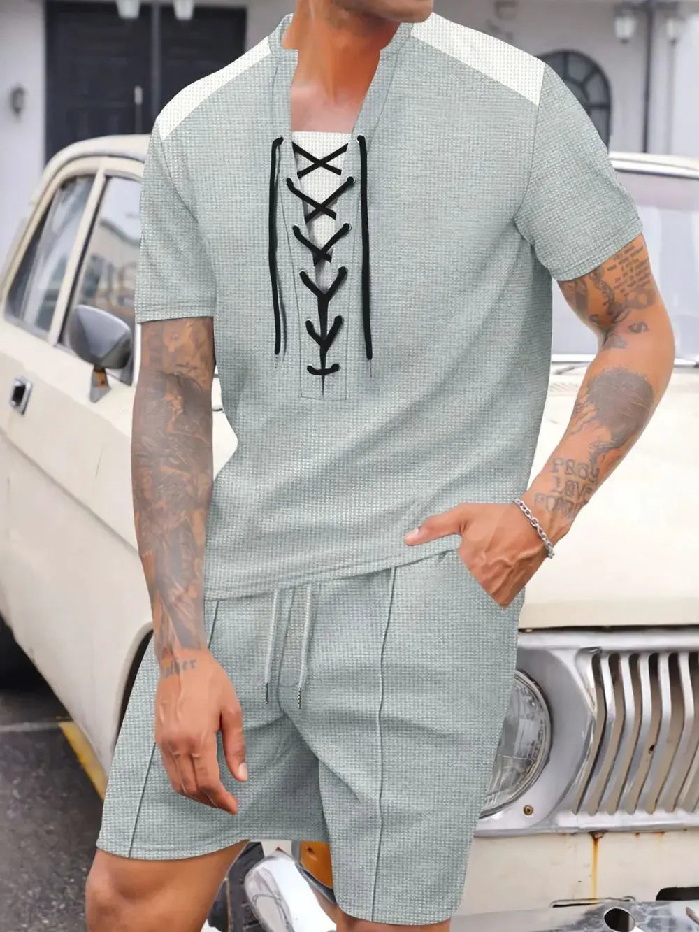 Men's Full Size Lace-Up Waffle Knit Top and Shorts Set Plus Size by Partner Label