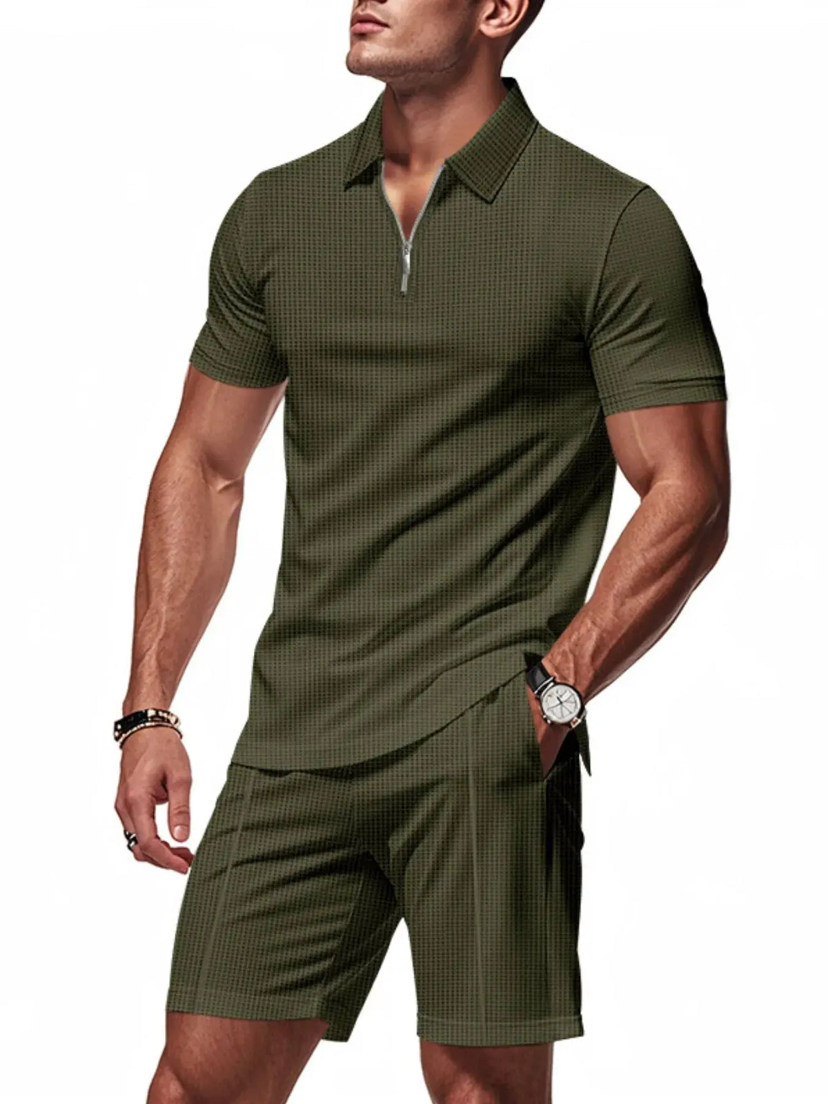 Men's Plus Size Quarter Zip Short Sleeve Top and Shorts Set by Trendsi