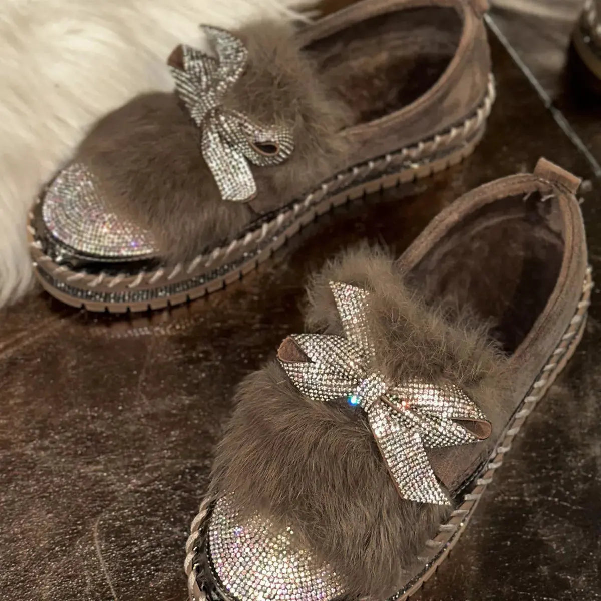 Fuzzy Bowknot Rhinestone Platform Loafers by Partner Label